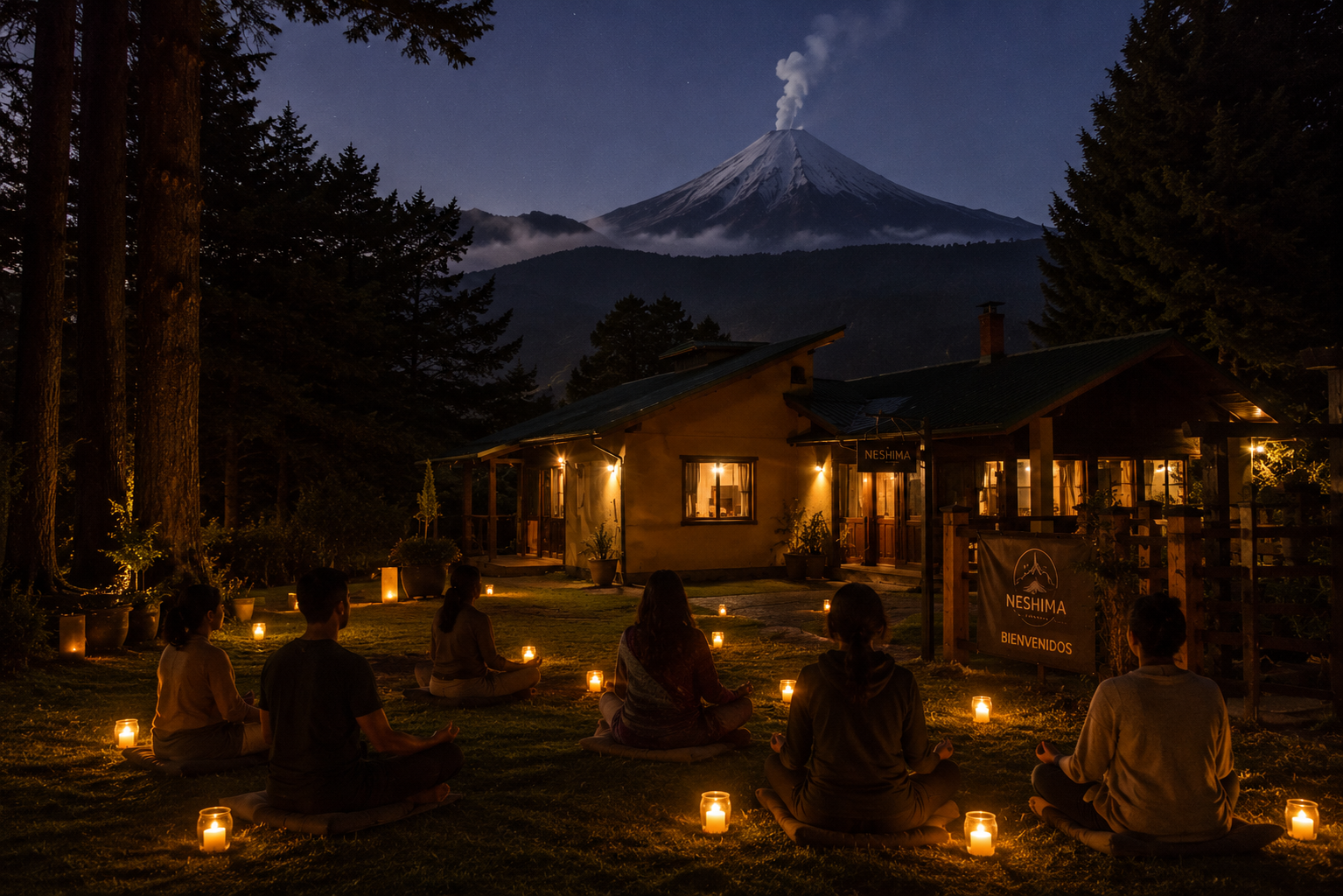 Meditación nocturna con velas junto a la piscina en retiro NESHIMA Puebla
