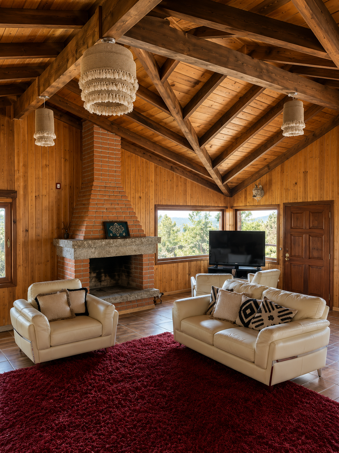 Sala de estar con decoración cálida y ventanales al bosque